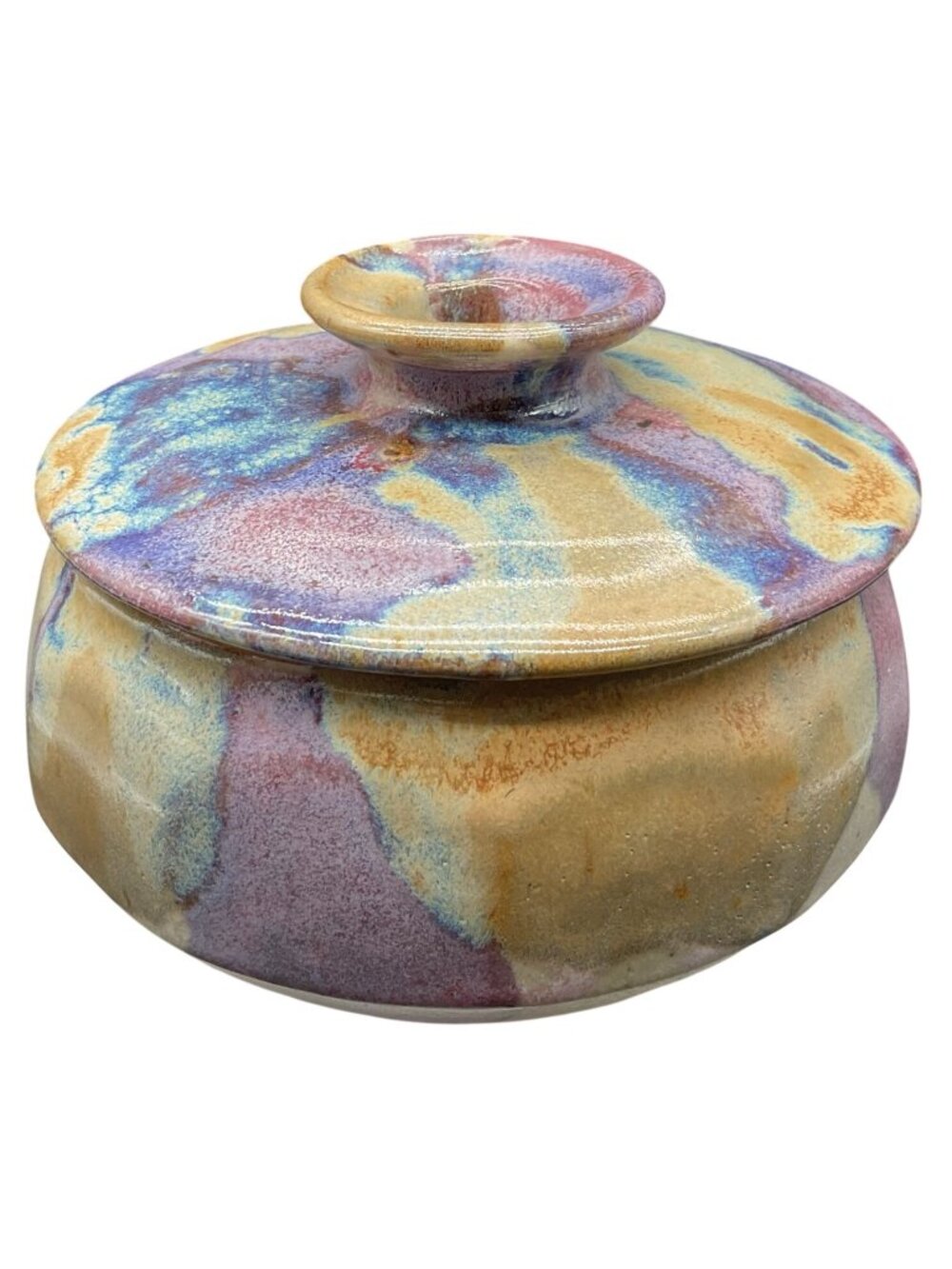 Studio Artist Ceramic Lidded Jar Multicolor Glaze Storage Decor 4"H x 5.5"W